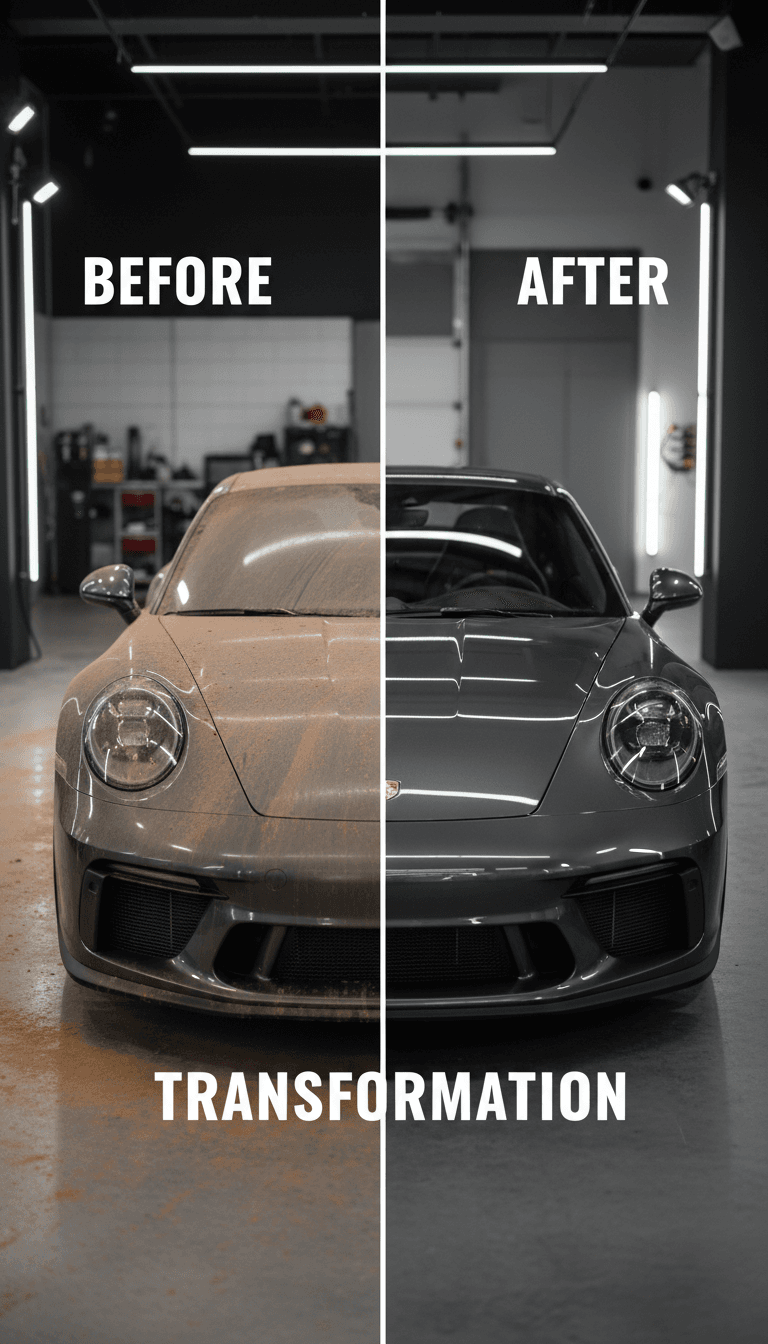 Before and after of a car exterior showing the transformation to glossy paint