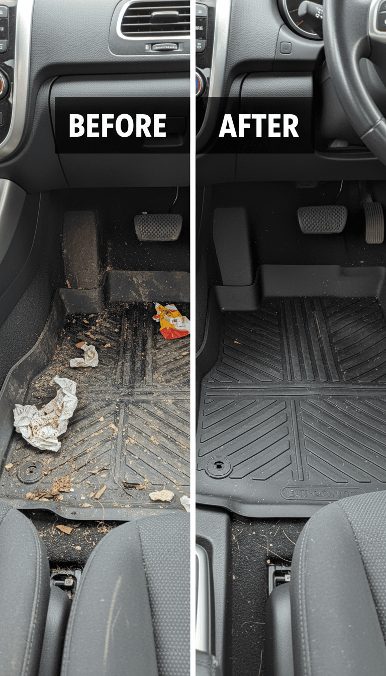 Split before and after of a car floor mat, dirty versus spotless
