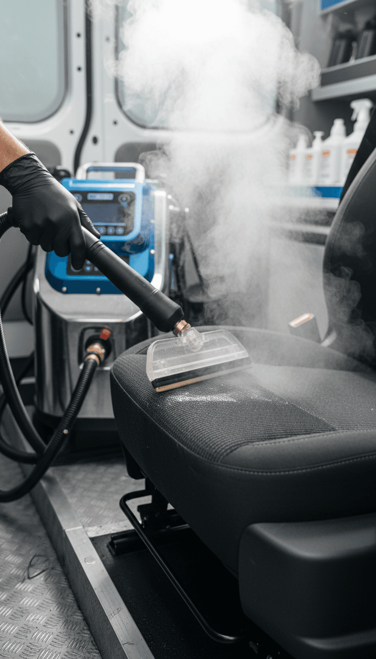 Detailer steam cleaning a car seat with professional equipment