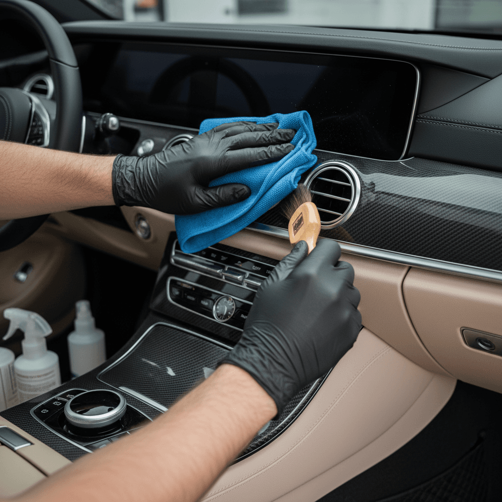 Detailer's hands in gloves detailing a car dashboard with a microfiber cloth
