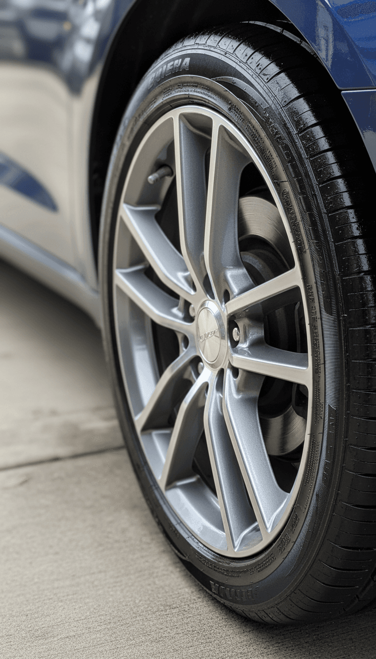 Close-up of a clean alloy wheel with fresh tire shine