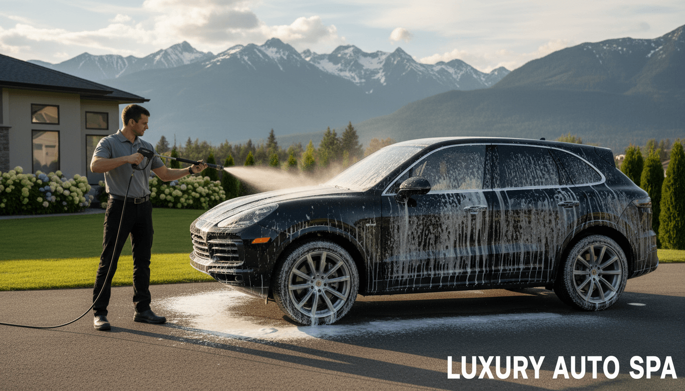 Detailer in dark uniform foam-washing a car in a residential driveway