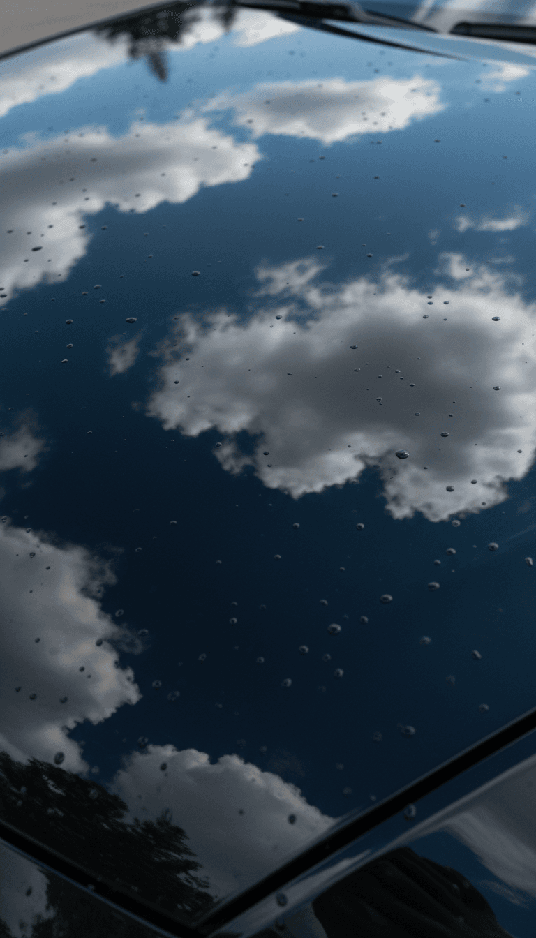 Macro shot of glossy clean car paint reflecting sky and clouds, showing a freshly detailed surface