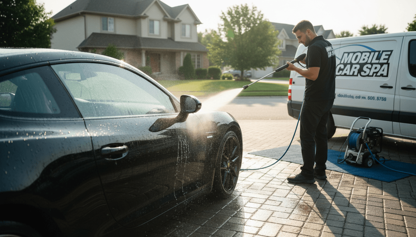 Mobile car detailing rig washing a car in a residential driveway