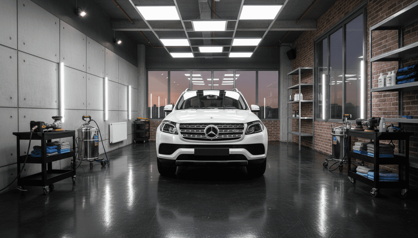 Car being detailed inside an underground condo parkade, portable lights, self-contained equipment