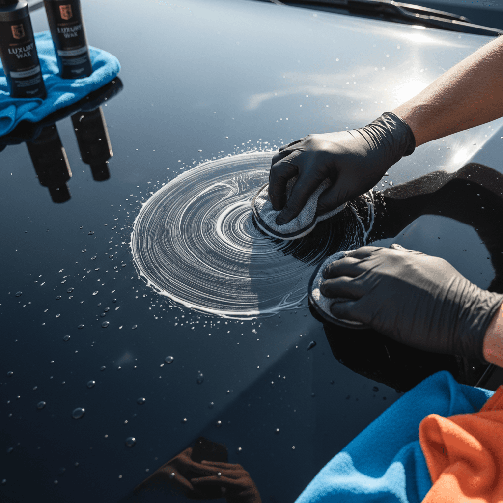 Technician hands applying wax to glossy black car hood with professional buffing technique in natural daylight